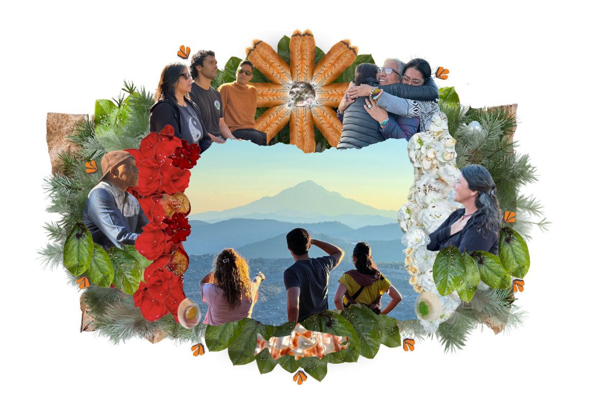 A Jubilee College altar collage centered on students and community members around Mount Shasta, surrounded by feathers, flowers, and foliage.